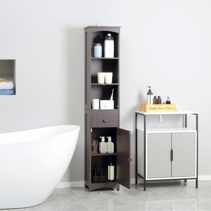Bathroom Storage Cabinet, Free Standing Bathroom Storage Unit, Tall Linen Tower with 3-Tier Shelves and Drawer