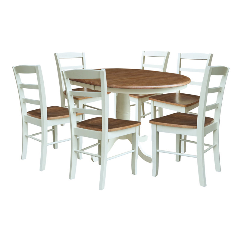Gadmann Pedestal Extendable 5 Piece Solid Wood Dining Set, Hickory/Shell, 7 Pieces: Table, 6 Chairs