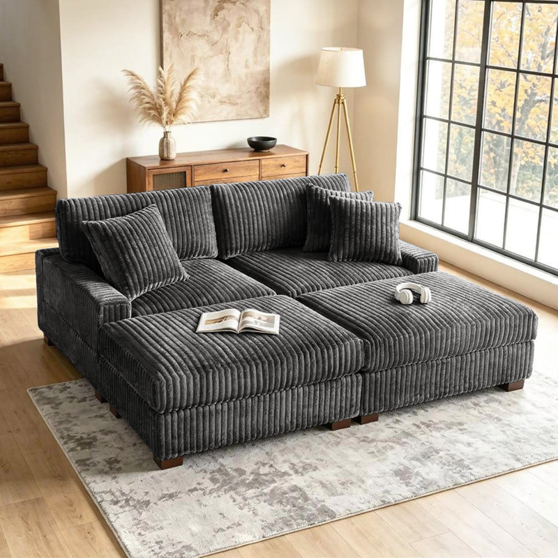 4 - Piece Upholstered Gray Faux Rabbit Fur Flannel Modular Sectional Sofa with Throw Pillows & Removable Ottomans