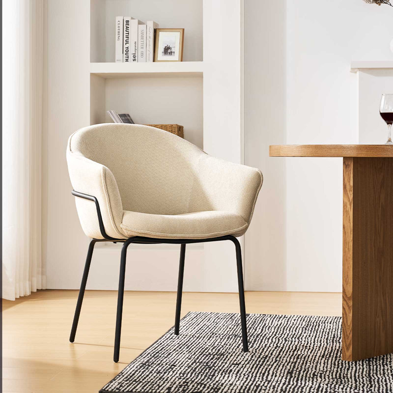 Fabric Accent Chair With Armrests, Upholstered Barrel Chair With Metal Legs, Comfy Vanity Chair, Beige