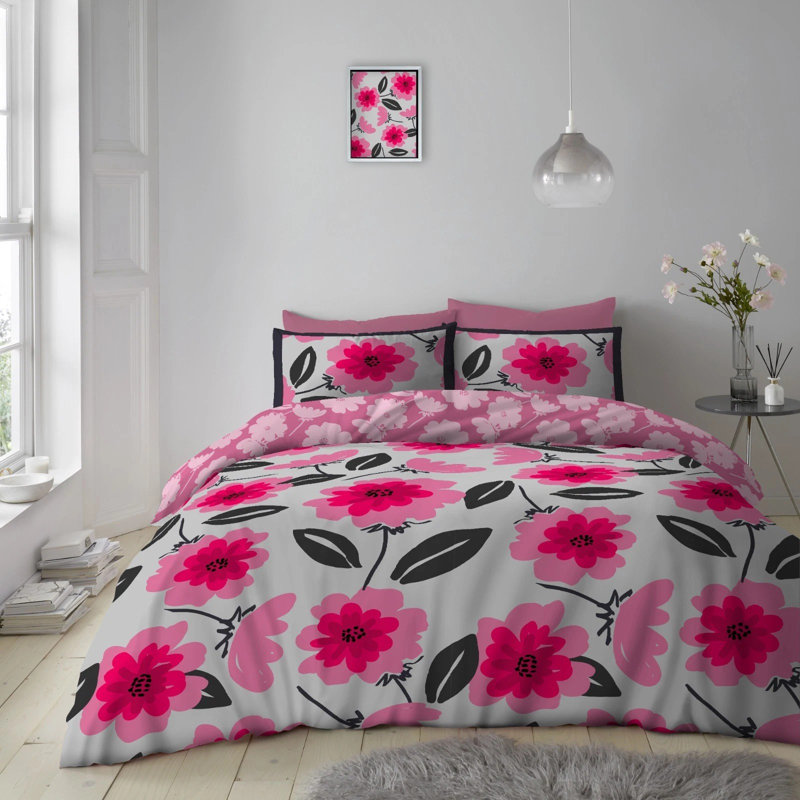 Blossom Pattern Soft Touch Duvet Cover Set with Matching Pillowcases - Polycotton Fabric Bedding - Single Double King UK