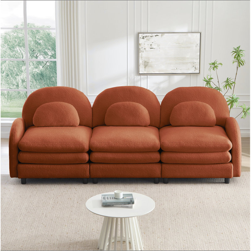 Canapé Teddy en tissu doux à 3 places, dossier incurvé et accoudoirs avec coussins lombaires incurvés, canapé modulaire à 3 places avec coussin de soutien