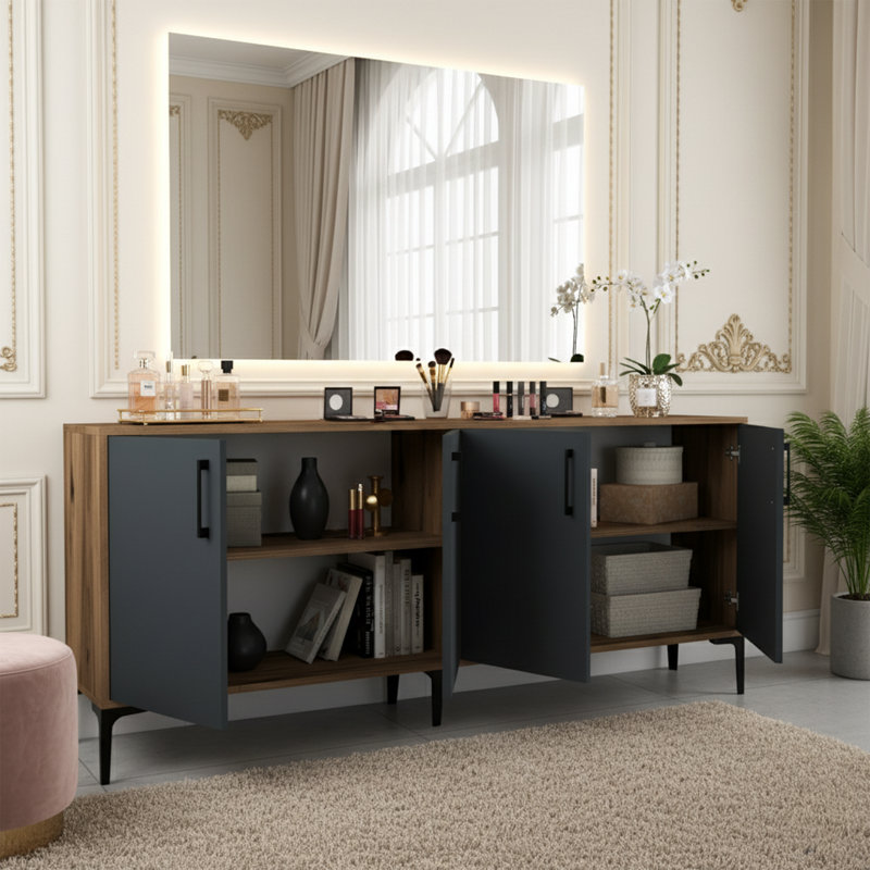 70.9'' Wide Rectangle 4 Cabinets Metal Frame Console Table