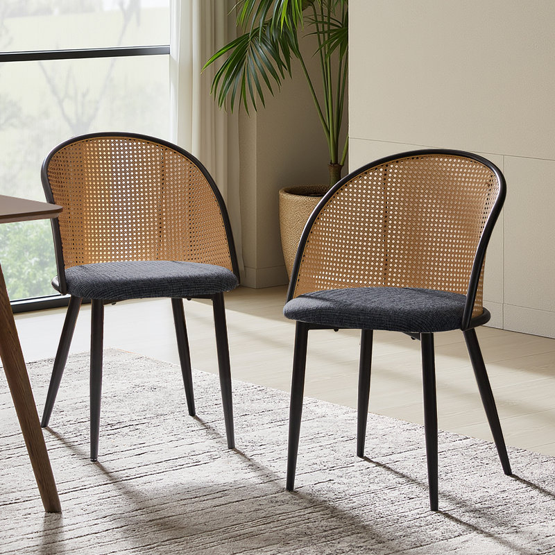 Contrell Mid-Century Modern Dinning Chair with Rattan Hollow Backrest (Set of 2), Black