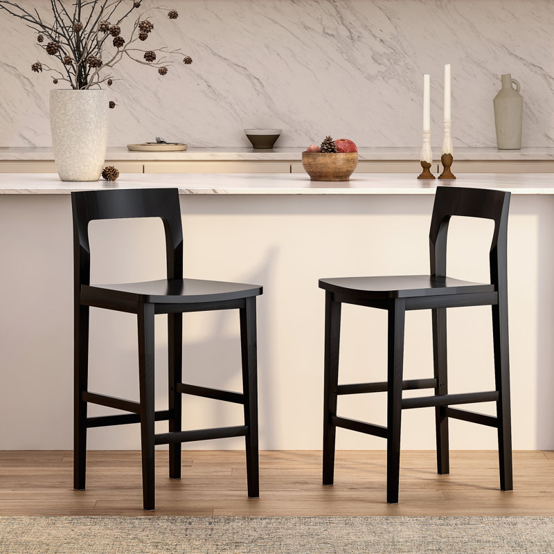 Tabouret de comptoir en bois massif avec repose-pieds, Noir, 2