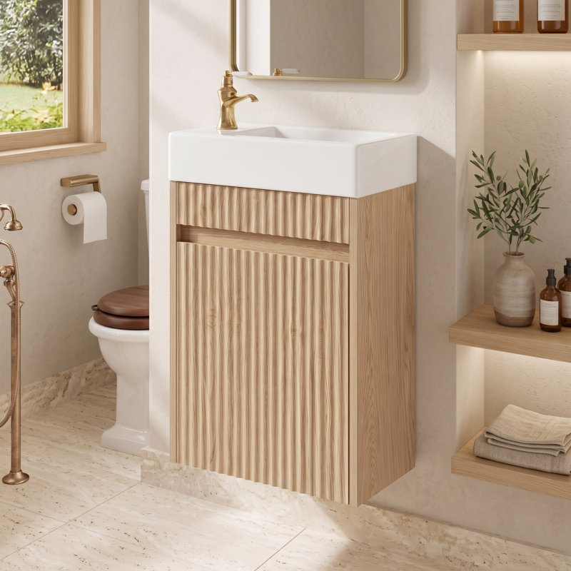 Meuble-lavabo suspendu en bois sans poignées de 40 cm de largeur avec dessus réversible en SMC