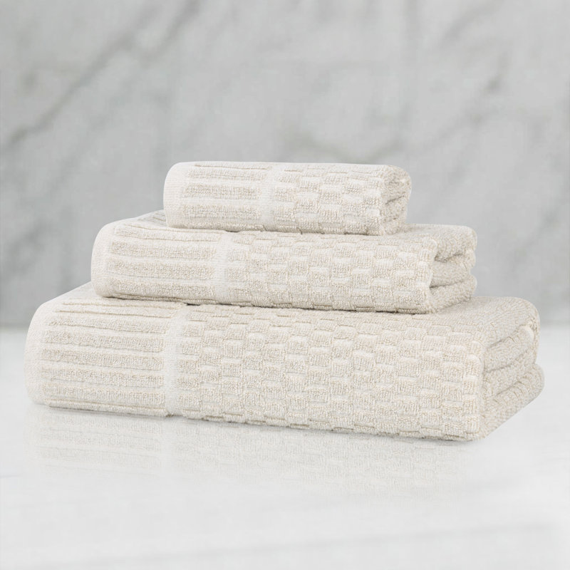 Ensemble de serviettes à bordure à carreaux en mélange de coton et viscose Juno, Ensemble 3 serviettes de bain, Beige
