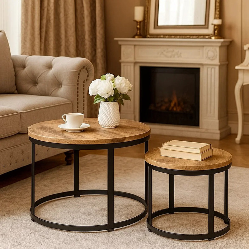 Coffee Table Set 2 Piece Round End Table Side Table Solid Wood Mango, Beige