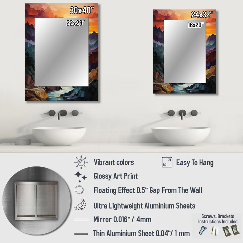 Orange Teal Mountains Bold Landscape - Mountains Decorative Mirror, Traditional Wall Mirror, Printed Metal Art, 32" x 24"