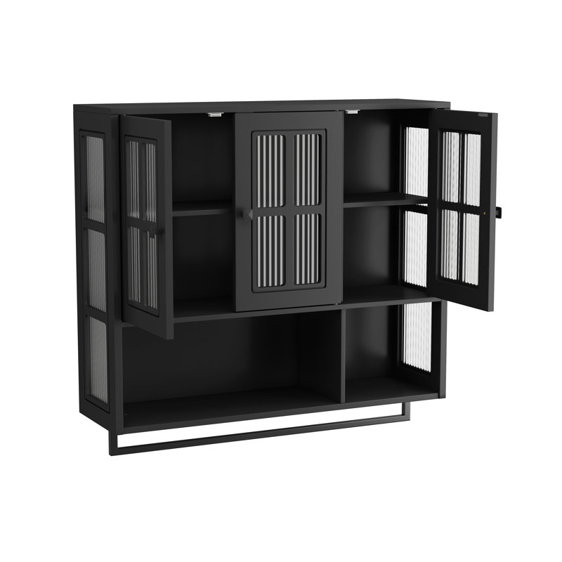 Armoire de salle de bain murale noire à 3 portes avec panneaux de verre et tablettes ouvertes