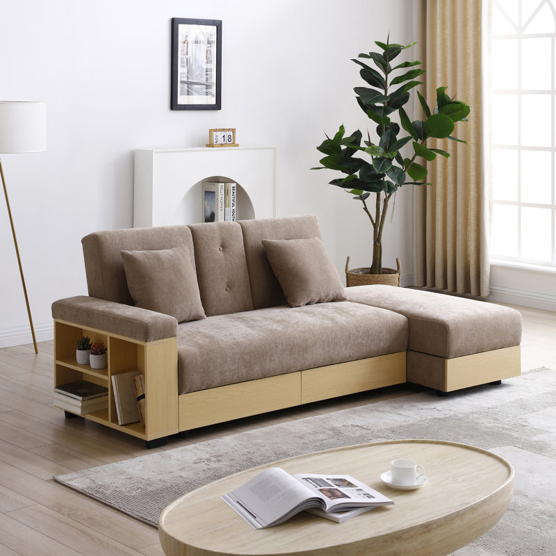 Canapé-lit pliant convertible 84,65 po avec rangement et 2 porte-gobelets, Lin brun