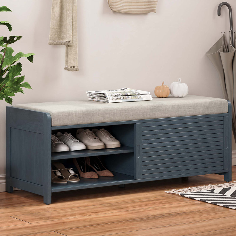 Banc à chaussures avec rangement et coussin, conception à volets vieillis pour le salon et le vestibule, charme rustique et fonctionnalité