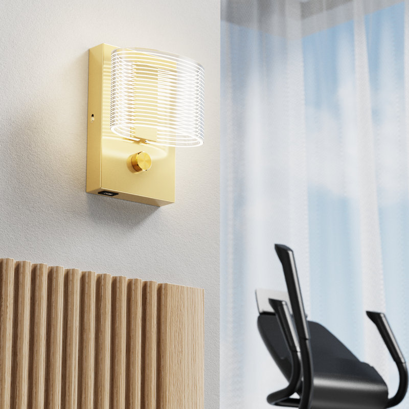 Wall Lamp With Dimmer Switch And USB Charging Port Oval Linear Sleek Lampshade , Gold