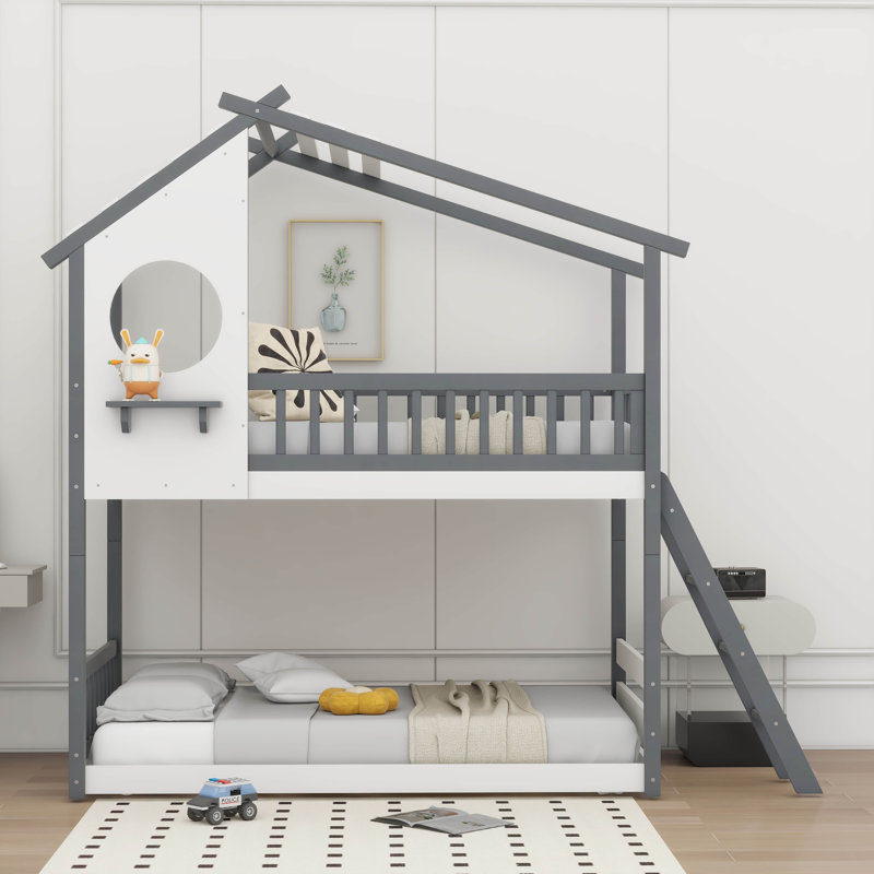 Lit superposé simple au-dessus de simple Alitta avec toit en bois, fenêtre et échelle, Gris