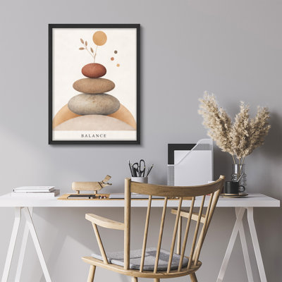 Zen Balance Stones Framed Wall Art Prints - Minimal Meditation Design for Bedroom Living Room