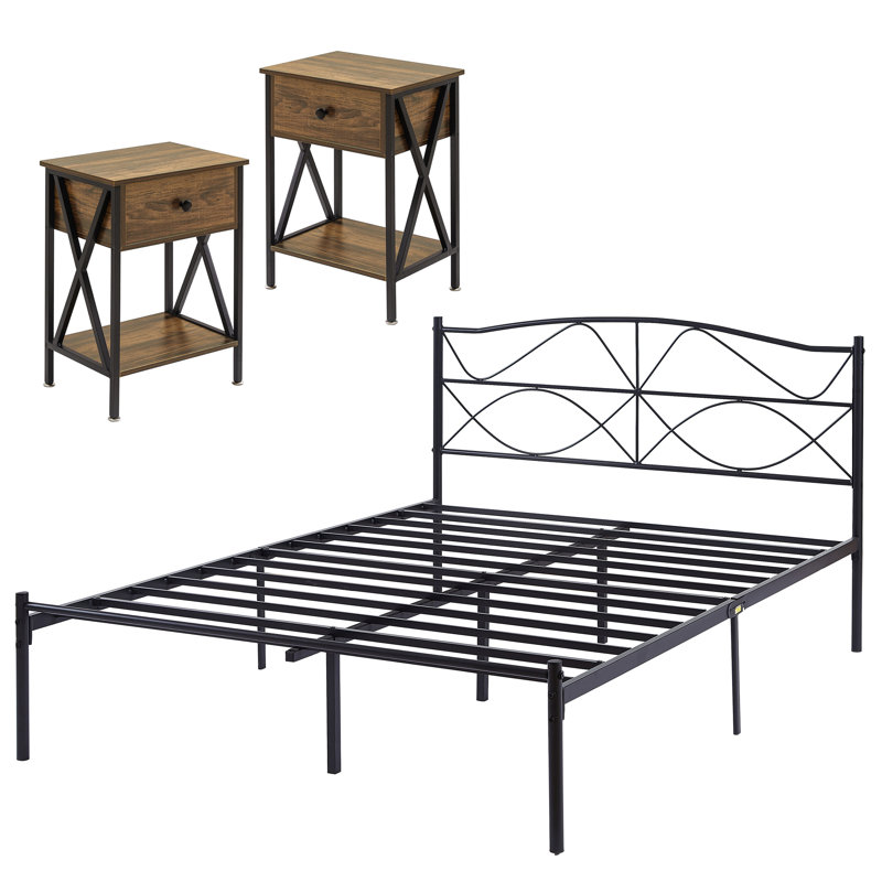 Ensemble de chambre avec cadre de lit et tables de chevet Kempst, Complète, Marron