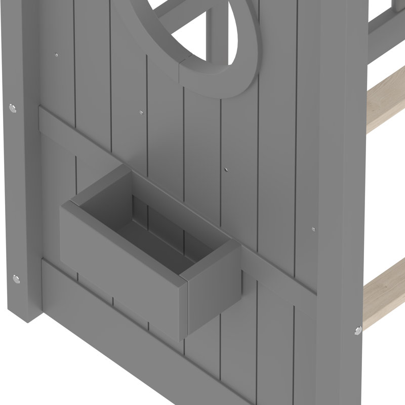 Twin Size Floor House Bed For Toddler, Kids Montessori Bed  With Storage Shelf, Playhouse Bed With Roof Design, Gray, Twin