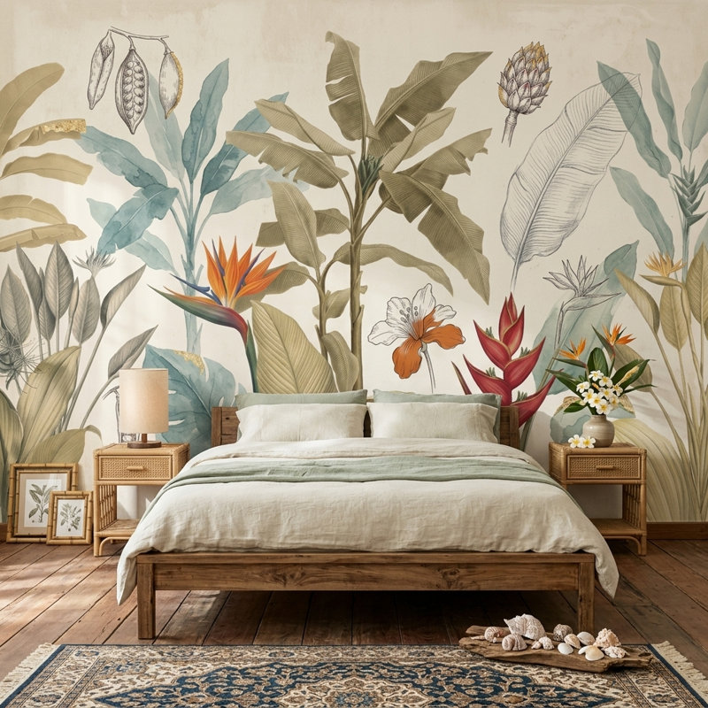 Papier peint botanique tropical, 200 po x 120 po, Peler et coller