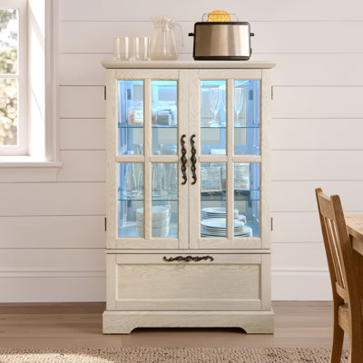 Vitrine blanche, 30 po x 15,47 po x 46,89 po, panneau de fibres à densité moyenne et verre, 1 pièce, armoires, L'armoire est ornée d'un grain de bois blanc