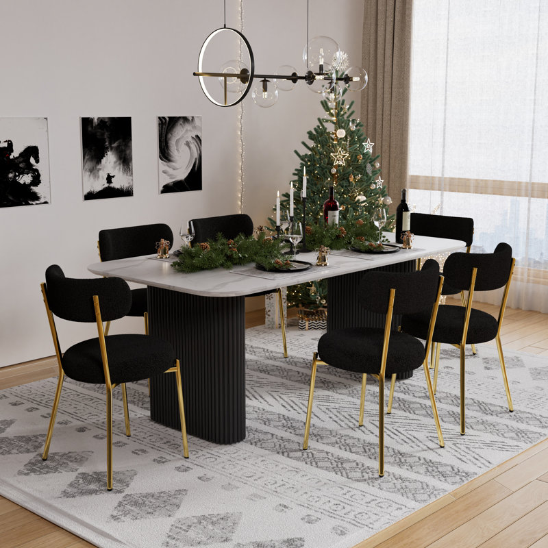 Rectangle Double Pedestal Dining Set with Cream Style Dining Table, Black, 7, Black/Gold