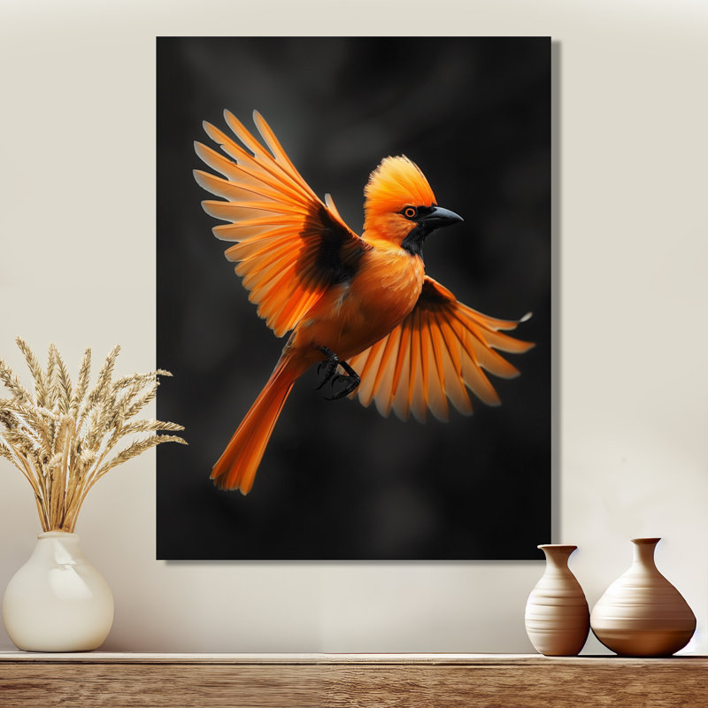 «Orange», oiseaux noirs et plumes monochromes I - art mural oiseau, H 20 po x l 12 po x P 1 po, Toile tendue