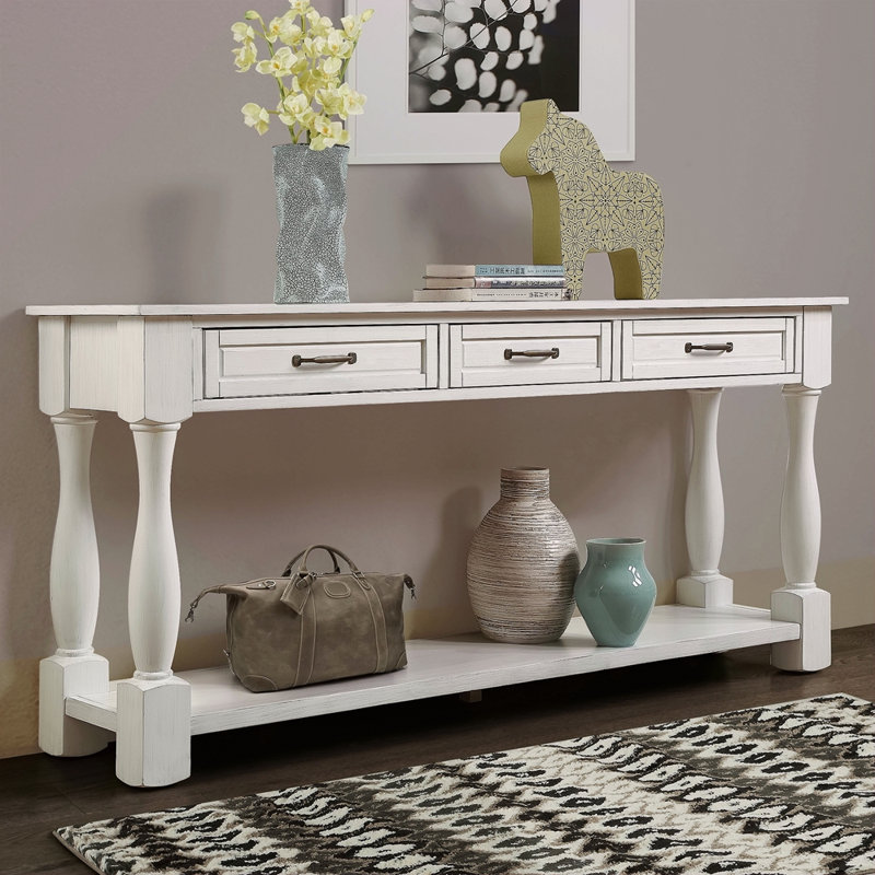 63Inch Long Wood Console Table With 3 Drawers And 1 Bottom Shelf For Entryway Hallway Easy Assembly Extra-Thick Sofa Table