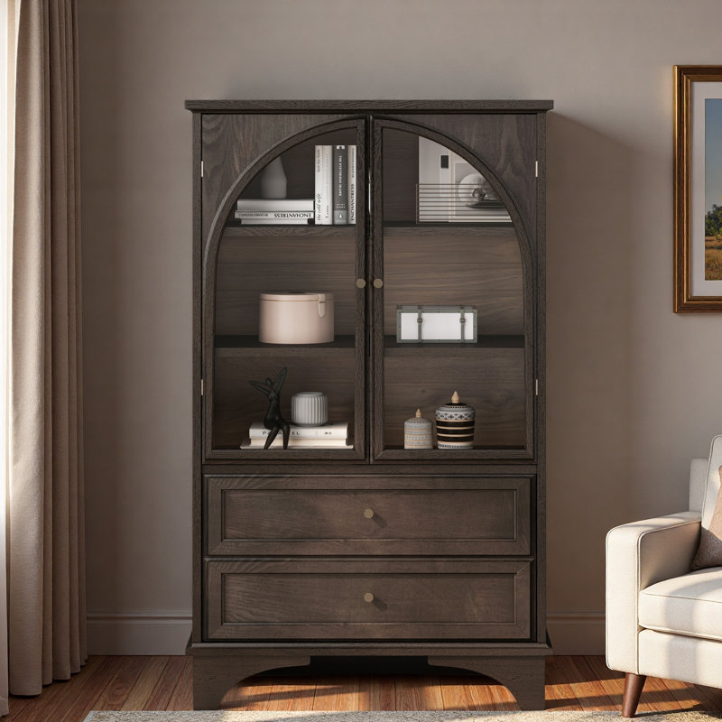 Armoire de rangement vitrée avec 2 tiroirs et tablettes réglables, Brun