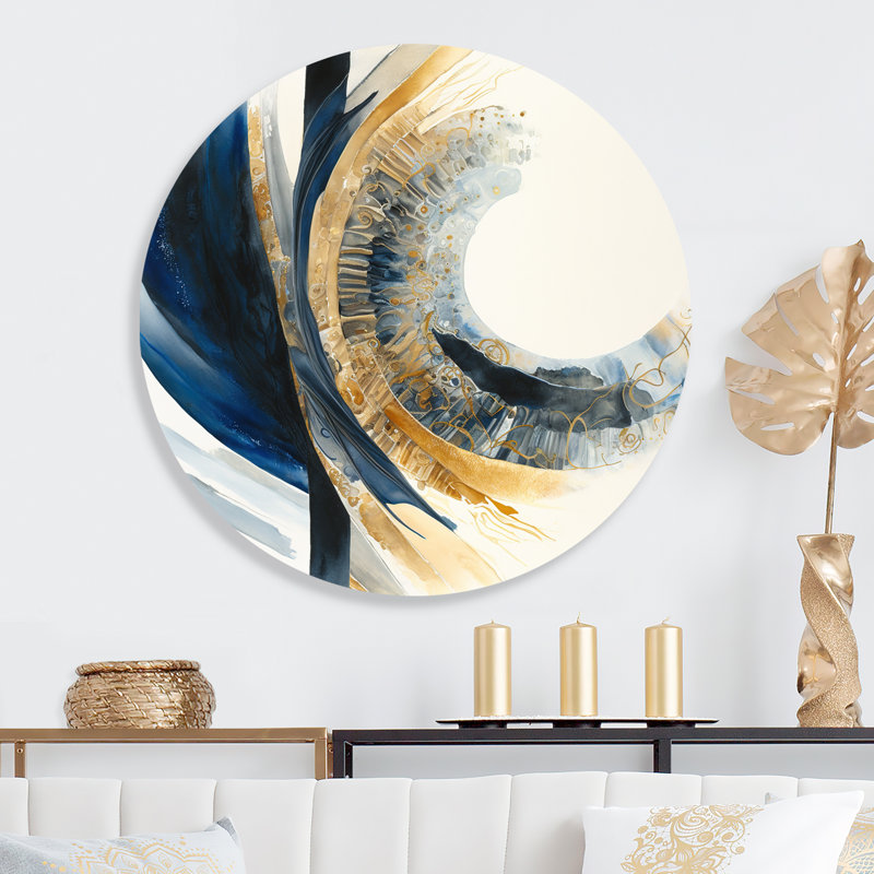 «Blue and Gold Swirl Abstract IV - Abstract Spirals», art mural rond sur métal, L 23 po x H 23 po