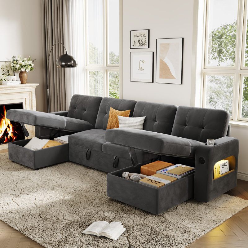 Canapé-lit modulaire moderne en forme de U avec canapé-lit et canapé-lit modulaire convertible en U, Flanelle, Gris