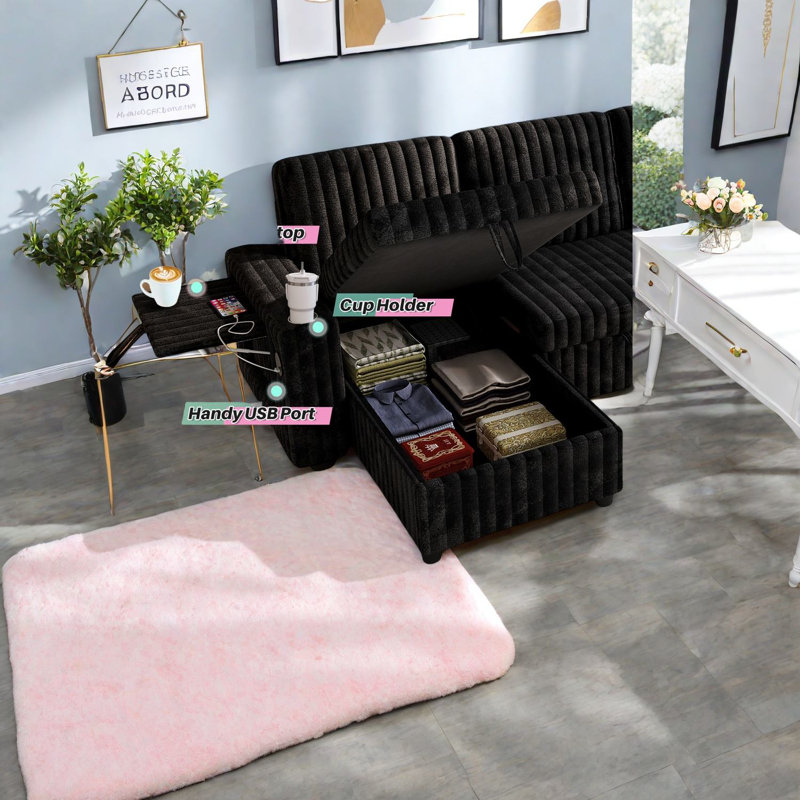 Canapé modulaire multifonctionnel en velours côtelé avec rangement et canapé-lit, style moderne pour salon spacieux, noir