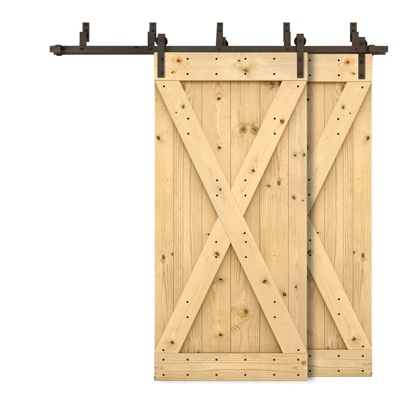 Panelled Wood Stained X Series Bypass Double DIY Barn Door with Sliding Hardware Kit, 84" x 84", Unfinished