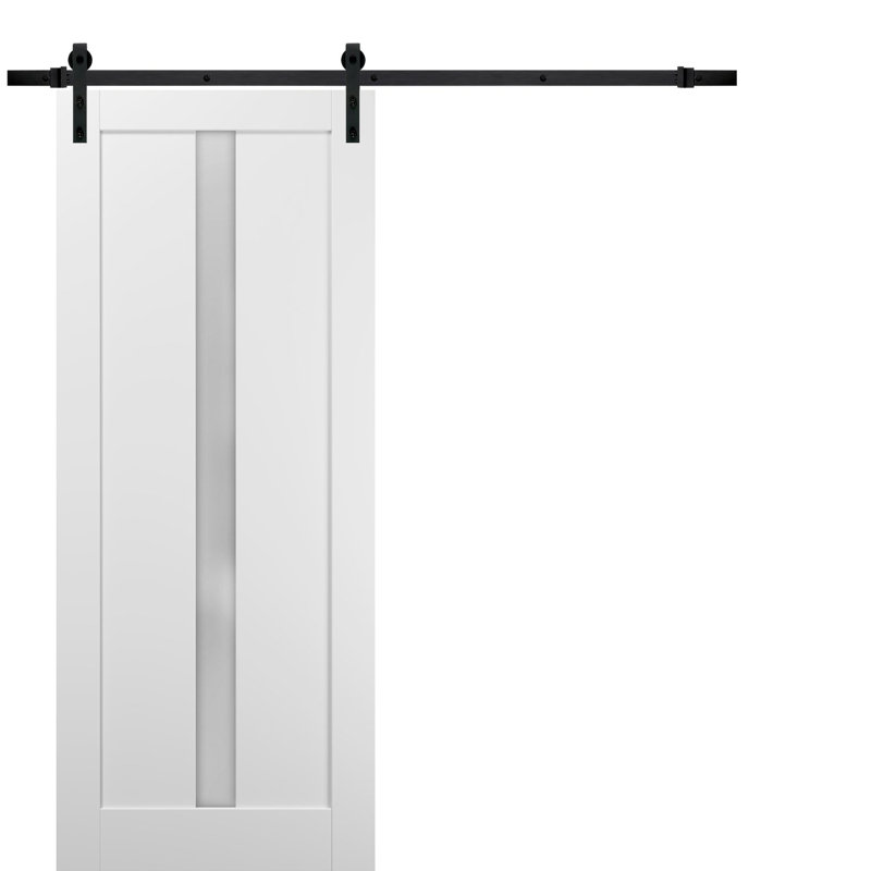 Porte coulissante de style grange avec quincaillerie de 2 m (6,6 pi) Quadro 4112 Blanc Soie avec rails en verre opaque dépoli, supports de rail robustes argentés, portes intérieures à panneaux massifs en bois massif - 76 cm x 244 cm (30 po x 96 po) - Rail noir