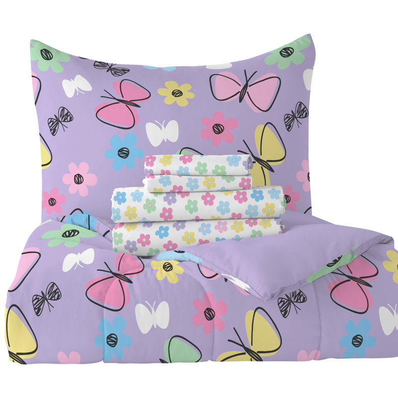 Purple Microfiber Twin Girls' Reversible Bed in a Bag Set