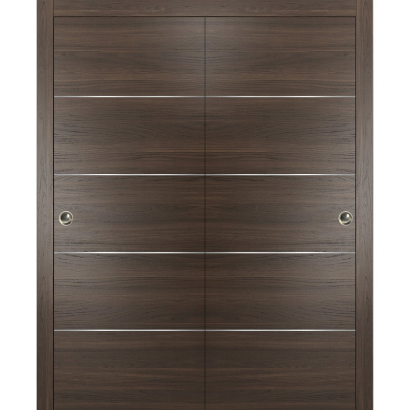 Portes coulissantes de placard avec quincaillerie Planum 0020 Frêne Chocolat Rails robustes Moulures Garnitures Ensemble de quincaillerie Portes de placard de chambre modernes en bois massif - 48" x 84" (2* 24x84)