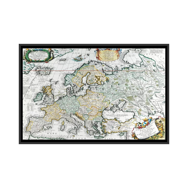 Carte antique de l'Europe, impression sur toile, H 18 po x l 26 po x P 1,5 po, Toile encadrée noire, Pas de tapis