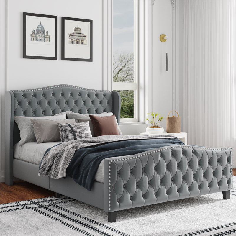 Mieya Velvet Upholstered Platform Bed Frame with Button Tufted Wingback Headboard and Footboard, Dark Gray, Queen
