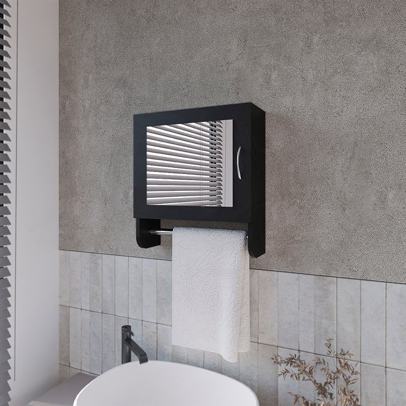 Pine Medicine Cabinet In Melamine With A Towel Bar And Included Mirror, Black, Black