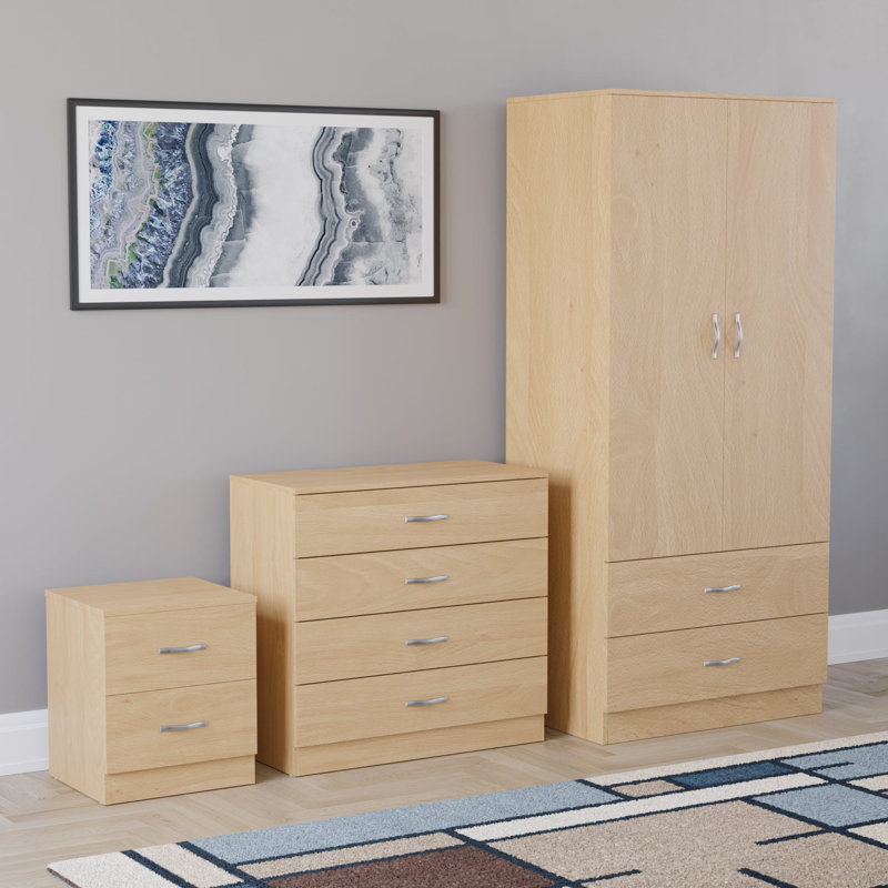 Maybery 3 Piece Bedroom Set (2 Drawer Bedside Chest, 4 Drawer Chest, 2 Door 2 Drawer Wardrobe), (4), Pine