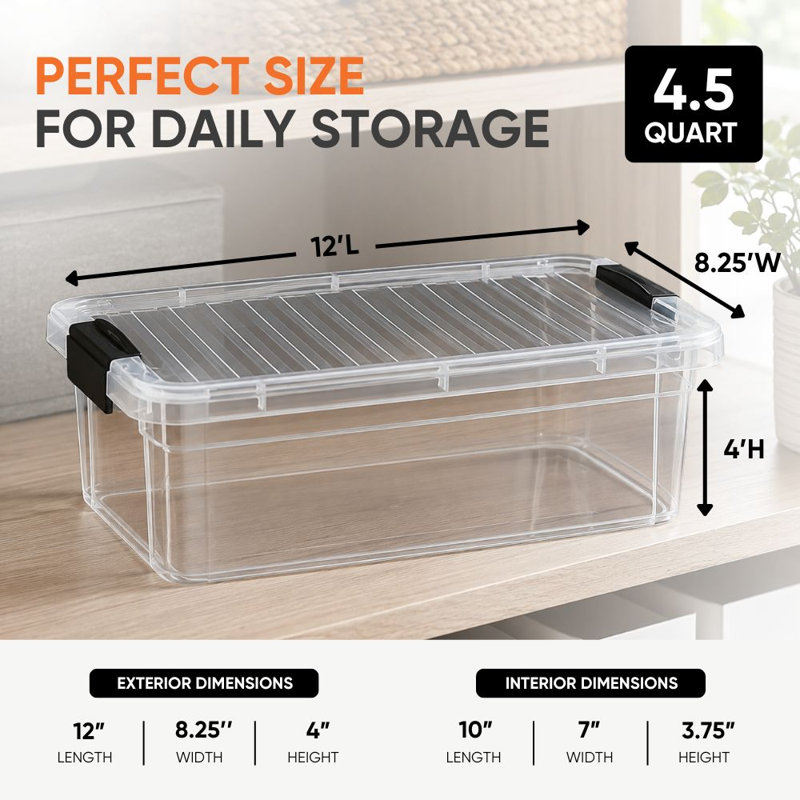 4.5 Quart Clear Plastic Storage Containers with Lids, Stackable Organizer Bins, BPA-Free Storage Boxes for Home, Office, Dorm & Classroom, 12 Pack