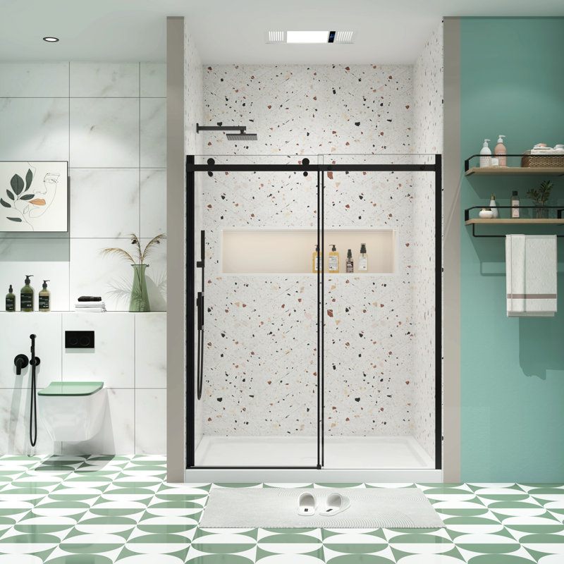 5/16" Tempered Glass Bathroom Door - Sliding With Matte Black Finish & Easy Cleaning Shower Black, Smooth System For Use