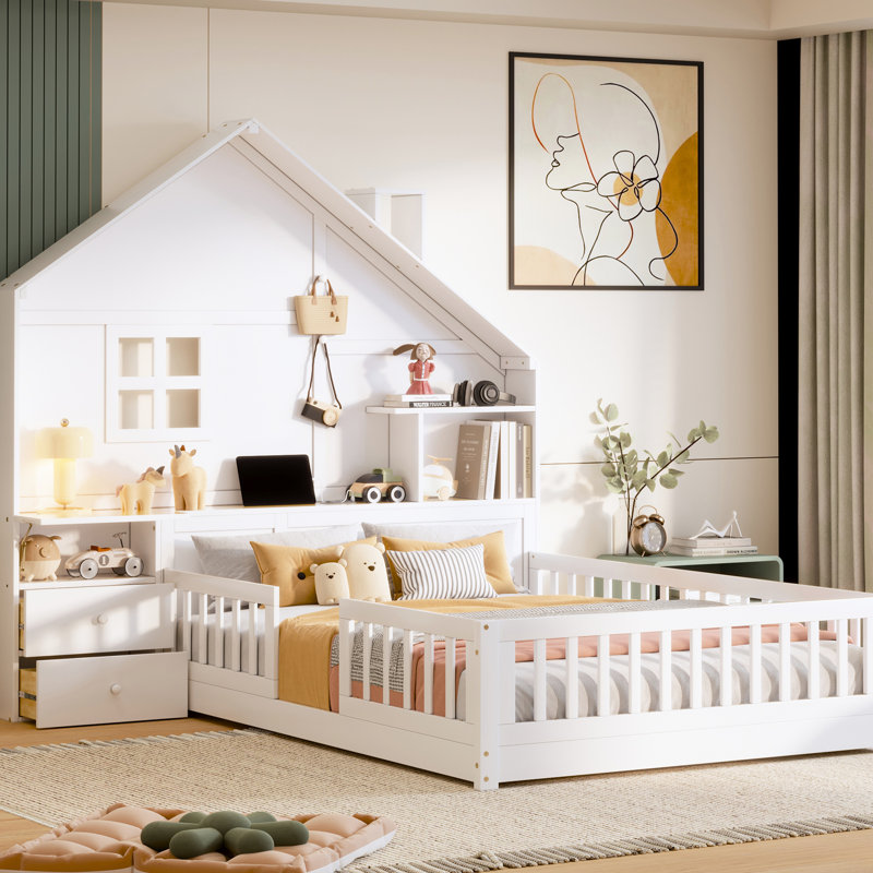 Lit double avec fenêtre et tiroirs de chevet, douilles à tablettes - blanc dans la fenêtre et raccords