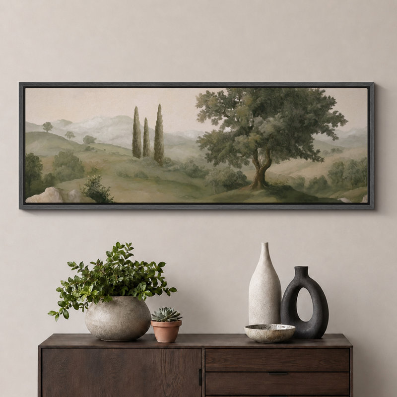 «Tuscan Hills and Cypress Trees», impression sur toile encadrée - décor de paysage méditerranéen, H 20 po x l 60 po, Noir
