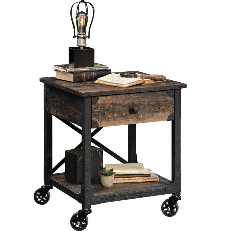 Square Industrial Brown Side Table For Primary Living, With Smooth - Glide Drawer Convenient Storage, Open Shelf Decor And Mobility, Reliable Design Accessories, Rolling , Quick Assembly Process