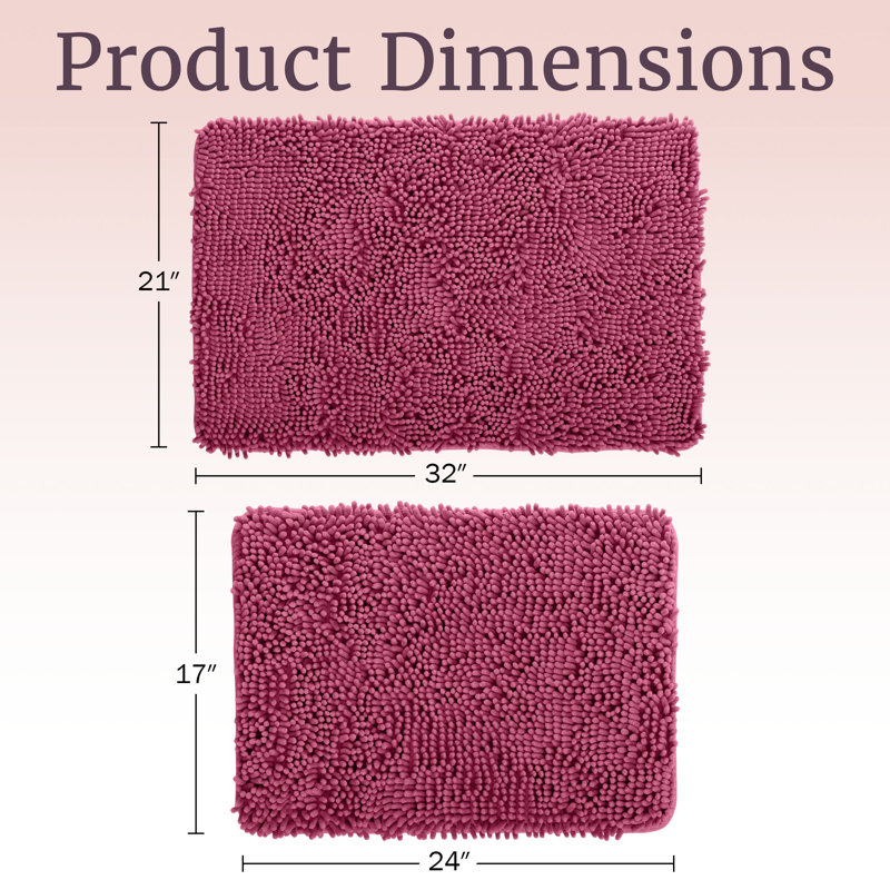 Plymouth Home 2 Piece Bathroom Rug Set - 32x21 Inch and 24x17 Inch Memory Foam Bath Mats with Chenille Shag Top for Stylish Bathroom Decor - Machine Washable Bath Rugs 