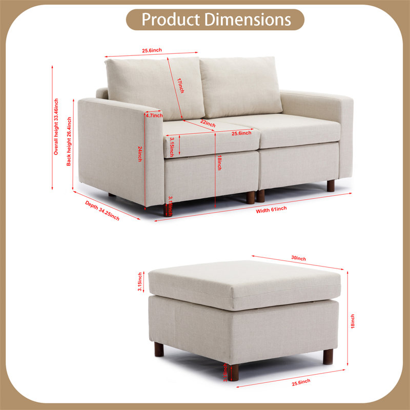 Canapé modulaire 3 pièces Adalwen, 100 % lin crème