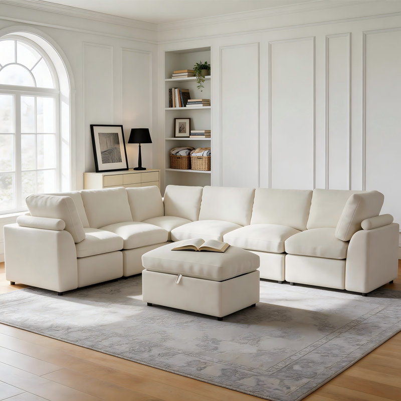 Canapé modulaire en chenille de salon en L 7 pièces avec canapé de rangement Shamp, Blanc