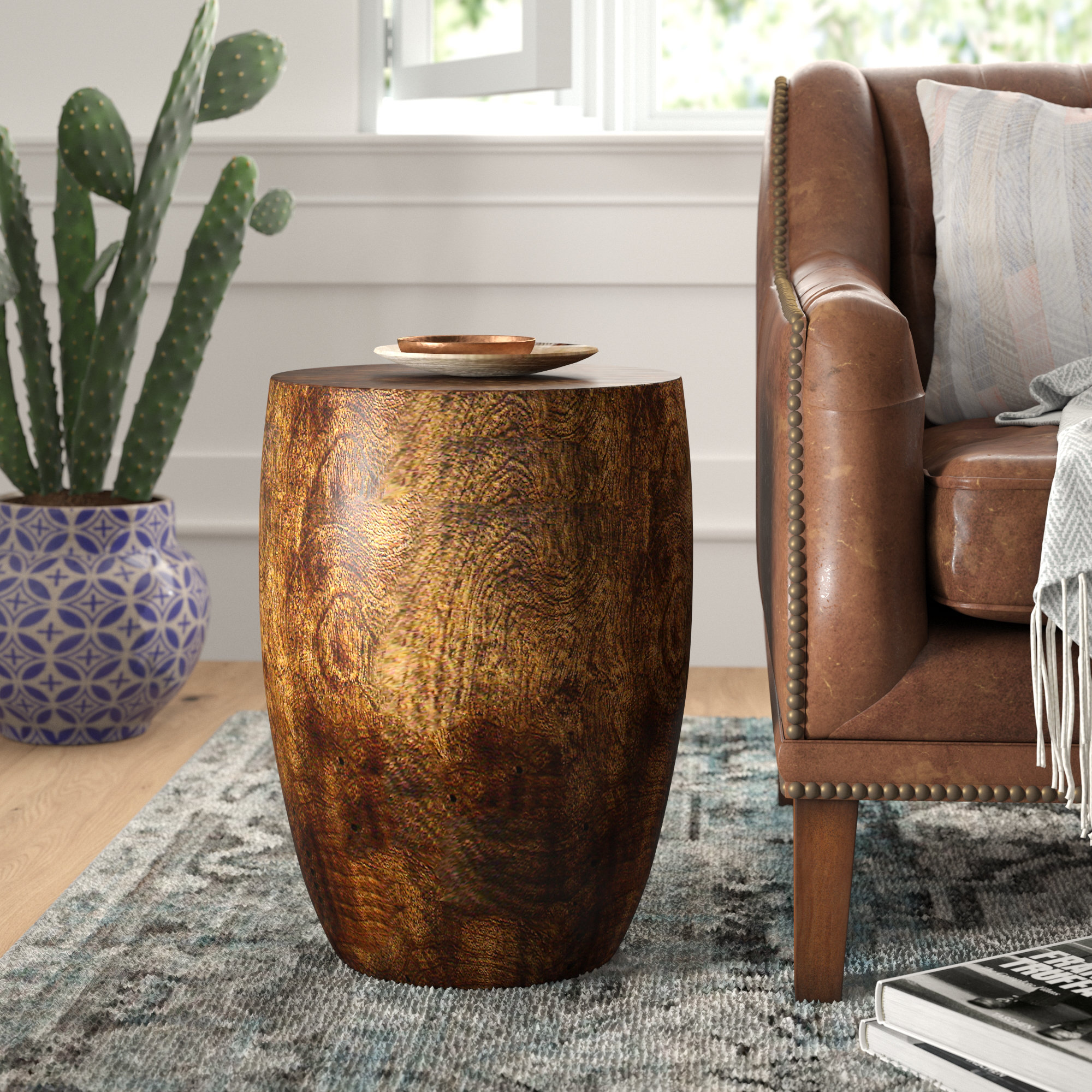 Solid wood drum on sale end table