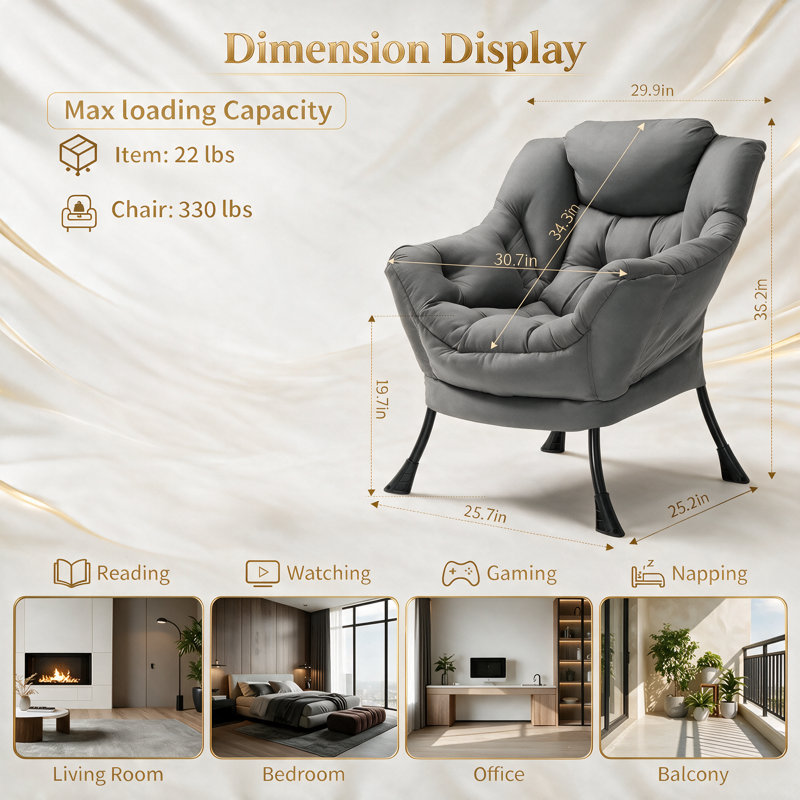 Lazy Chair, Modern Comfy Lounge Accent Chair, Large Sofa Armchair With A Side Pocket, Leisure Reading Chair For Bedroom, Living Room, Dorm, Gray