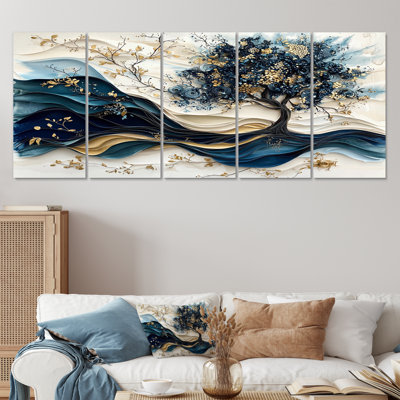 Blue And White Modern Blossom Tree II - Tree Cherry Blossom Canvas Wall Art Set