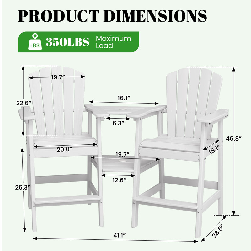 Ensemble de chaises Adirondack d'extérieur en PEHD Wolak avec plateau amovible, Blanc